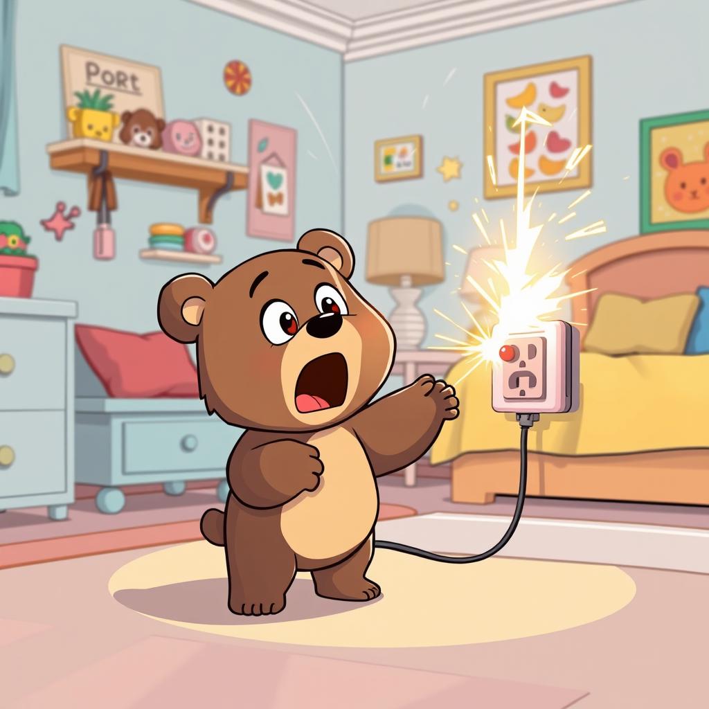 In a playful cartoon style, a small bear stands on the floor of a bright and cozy bedroom, extending its paw towards an electrical outlet