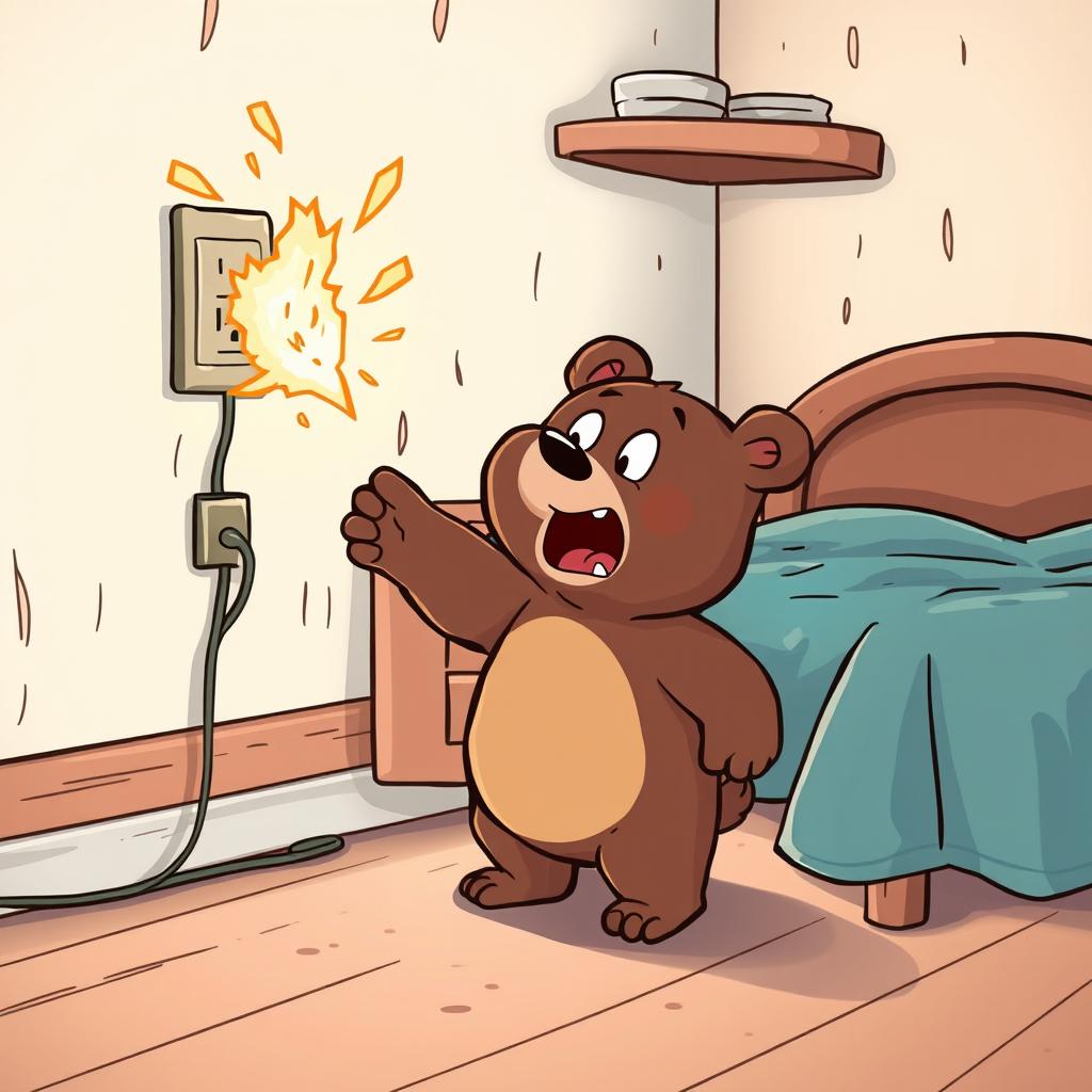 In a cozy bedroom, a cute bear is standing on the floor, extending its paw towards an electrical outlet that is sparking with small bursts of fire