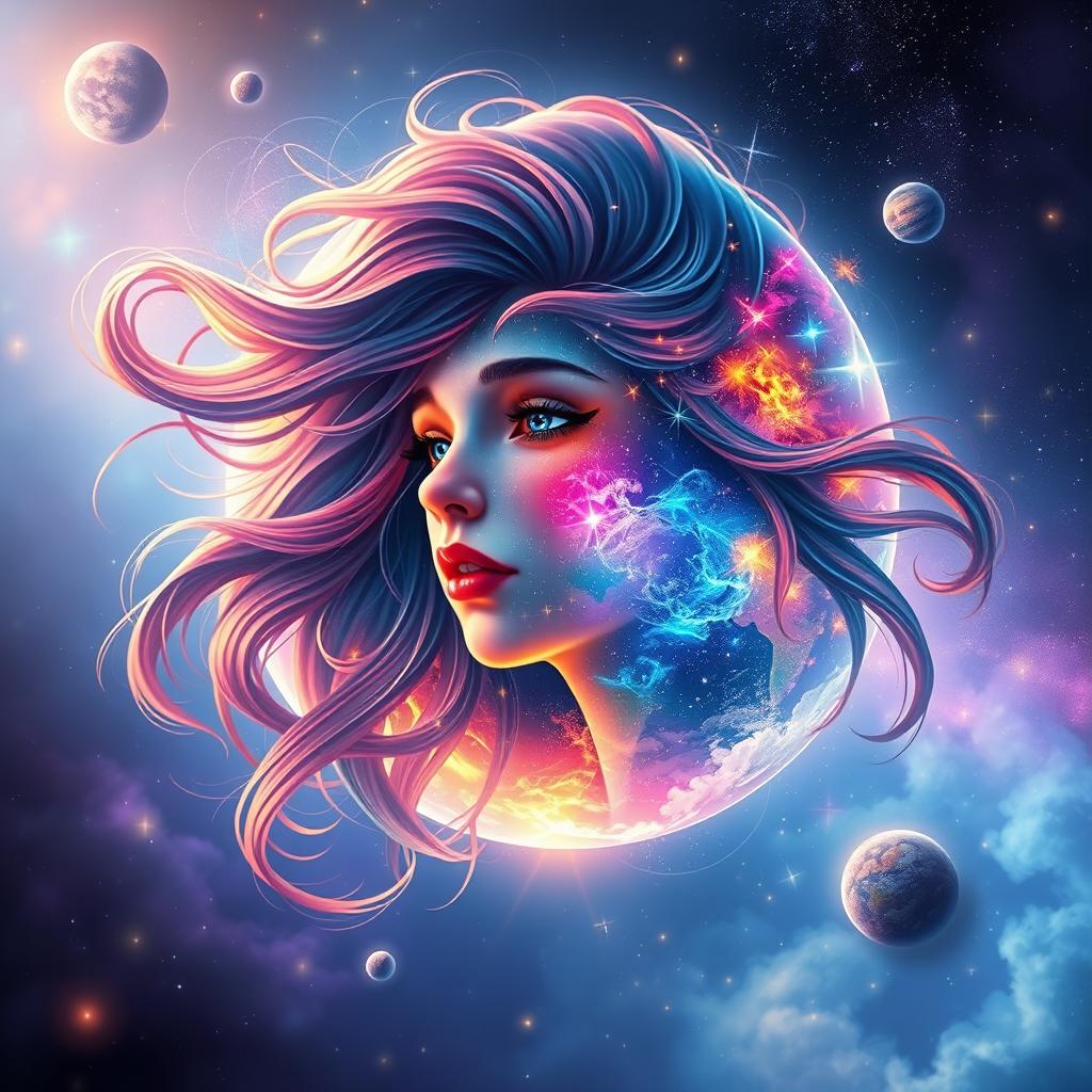 A fantastical depiction of a girl transformed into a vibrant and colorful planet