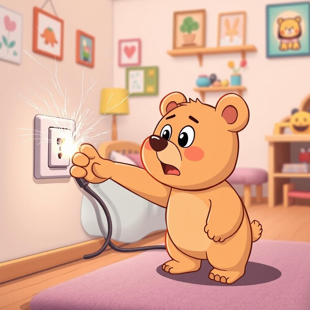 In a playful cartoon style, a light brown small bear is standing on the floor of a cozy bedroom, reaching its paw out towards an electrical outlet