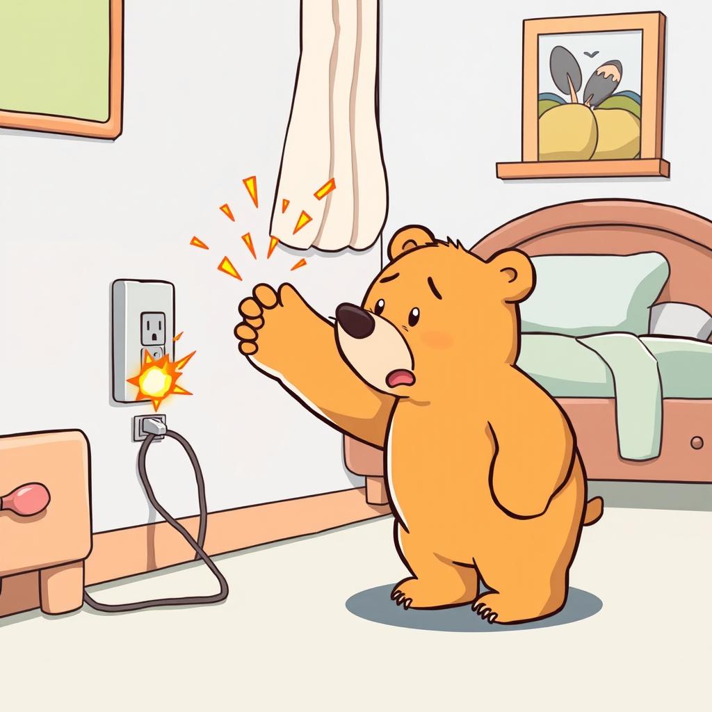 In a cozy bedroom, a light brown bear stands on the floor, extending its paw towards an electrical outlet that is sparking with little bursts of fire