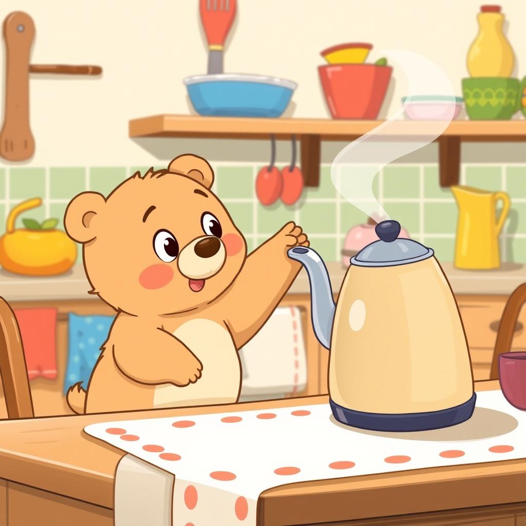 In a charming cartoon style, a light brown small bear is on its tiptoes, stretching its paw to reach for a kettle on the kitchen table