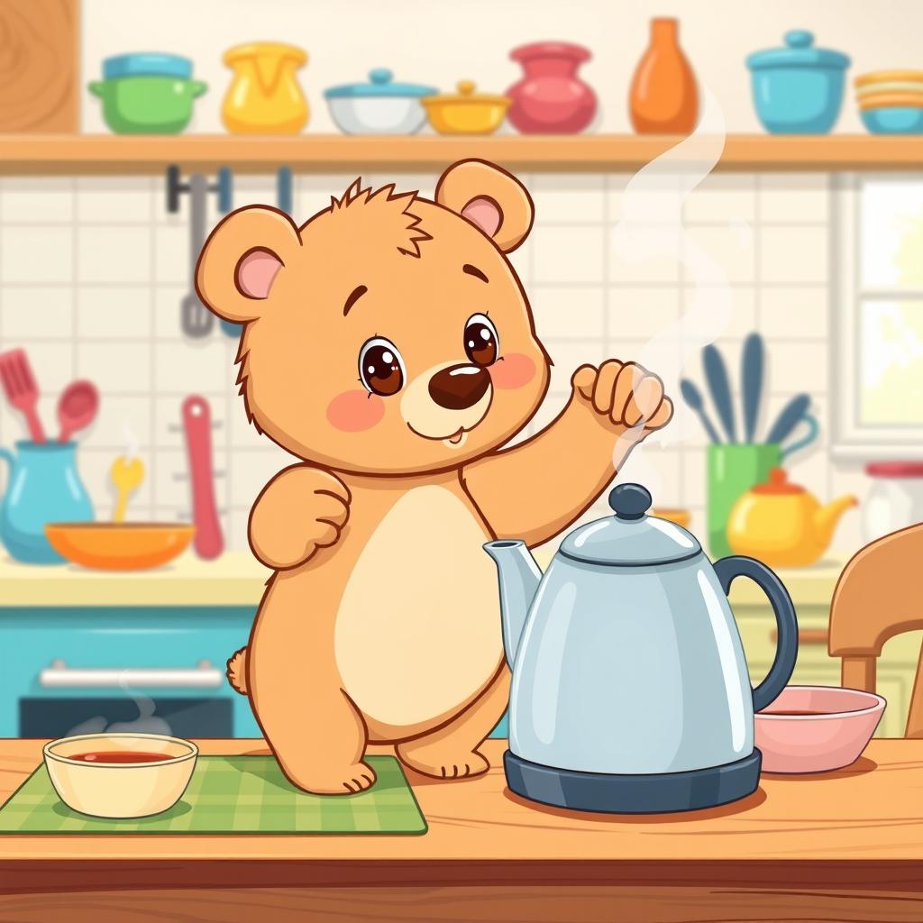 In a delightful cartoon style, a light brown small bear is on its tiptoes, reaching for a kettle on the kitchen table