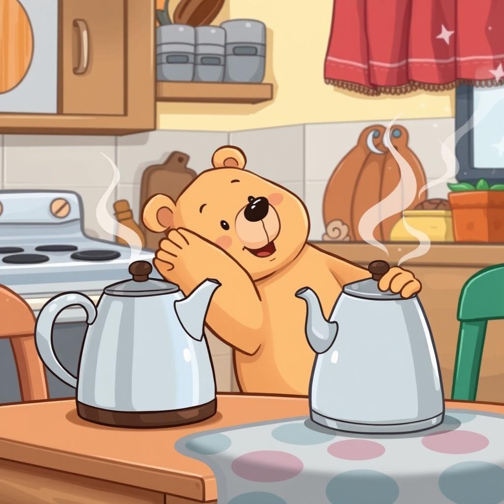 In a cozy kitchen, a light brown bear is tiptoeing and stretching its paw to reach a kettle on the table