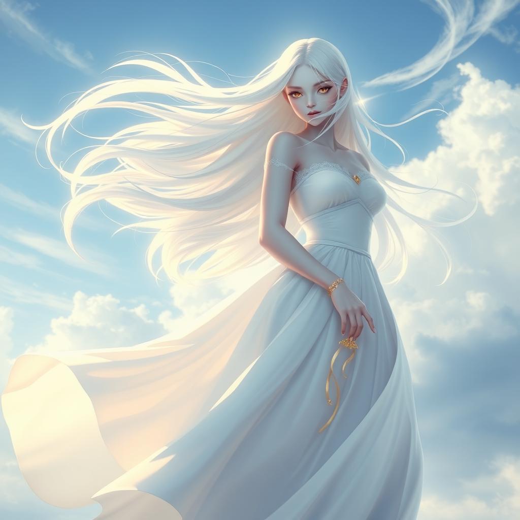 A stunning female air genasi character with flowing waist-length white hair that sways gently in the wind, showcasing her ethereal quality