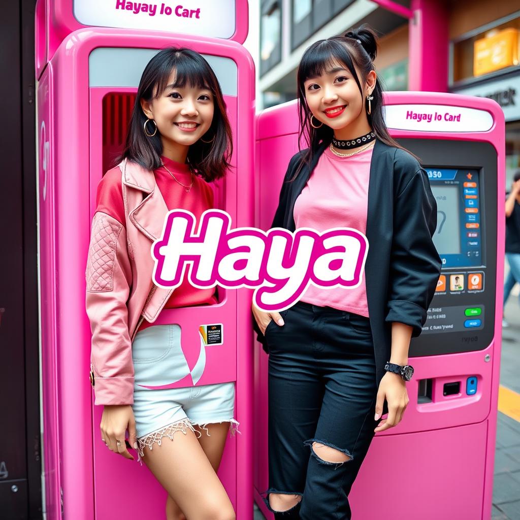 A trendy young woman wearing modern attire, standing next to an IC card opening machine, showcasing a vibrant pink color scheme