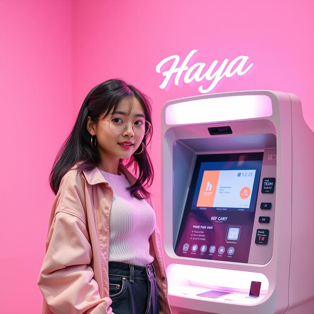 A stylish young woman wearing trendy attire standing next to an IC card opening machine