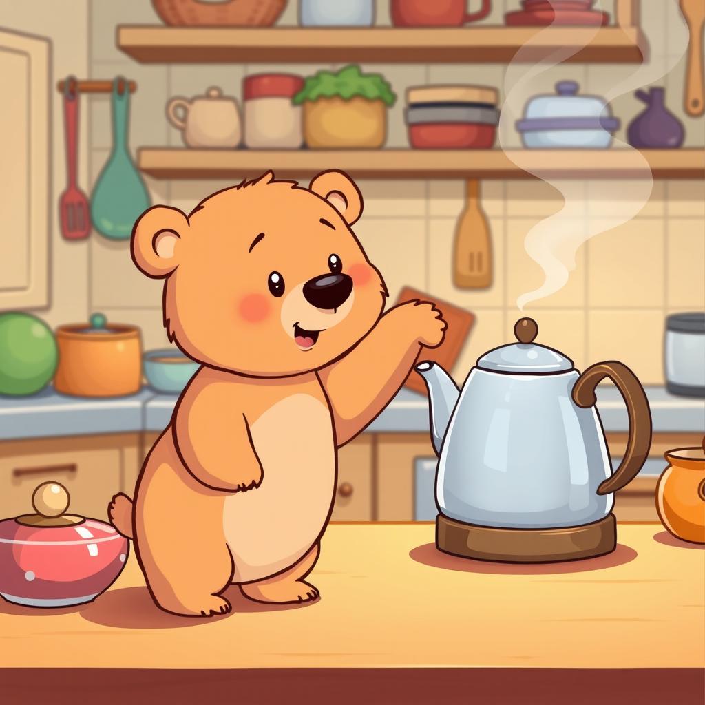 In a delightful cartoon style, a light brown small bear is standing on its tiptoes, stretching out its paw to reach for a kettle on the kitchen table