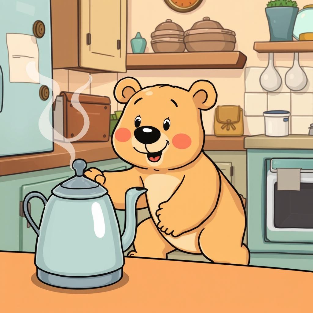 In a charming kitchen, a light brown bear is tiptoeing with its paws stretched out, trying to reach a kettle on the table