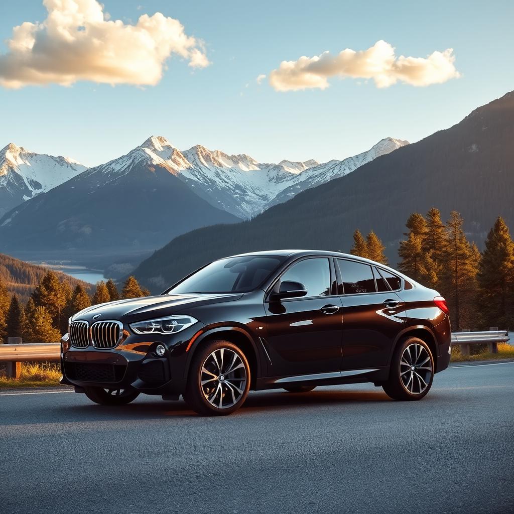 A stunning BMW X6 parked on a scenic mountain road, with a backdrop of majestic snow-capped mountains and lush green forests