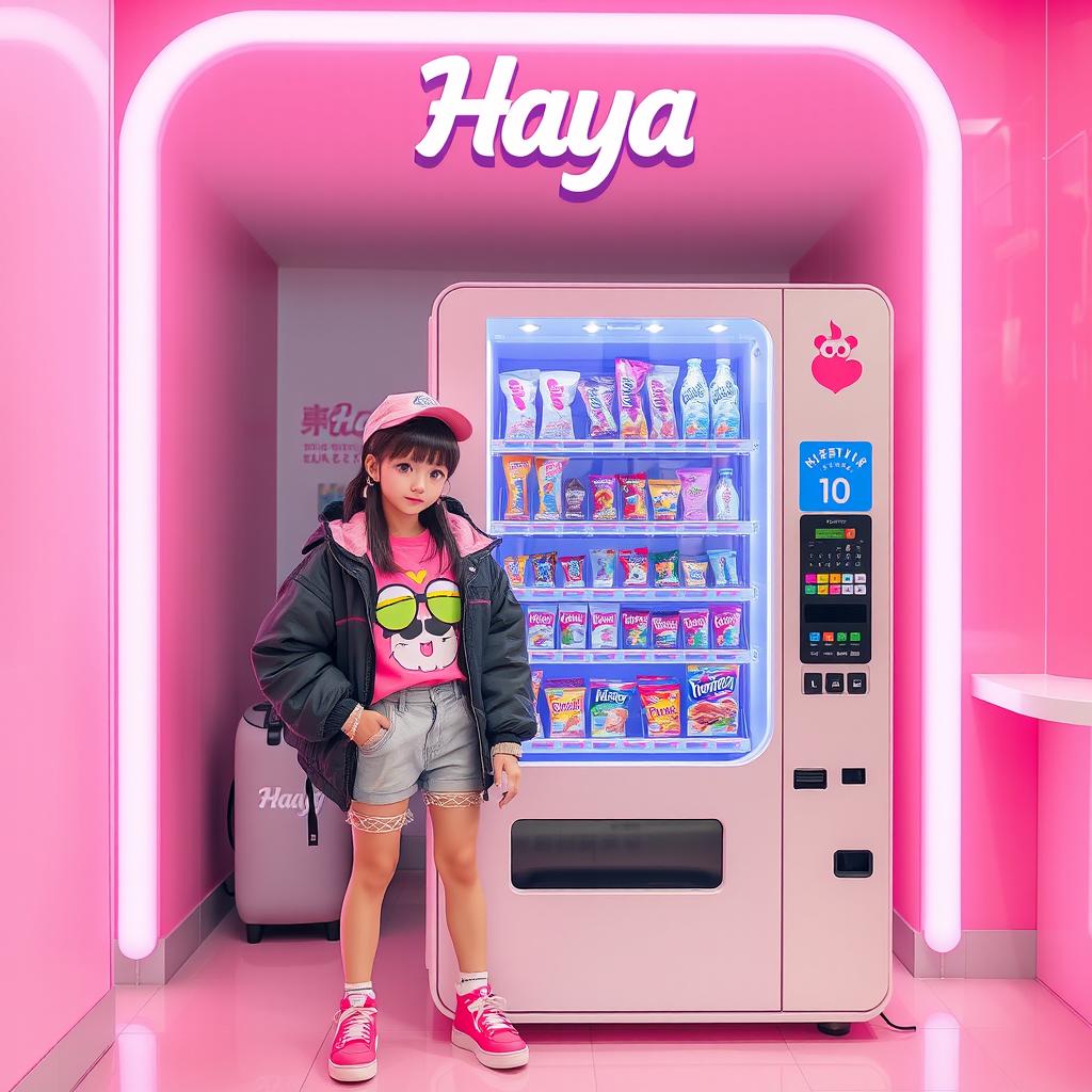 A modern, fashionable girl standing next to an ICancy vending machine