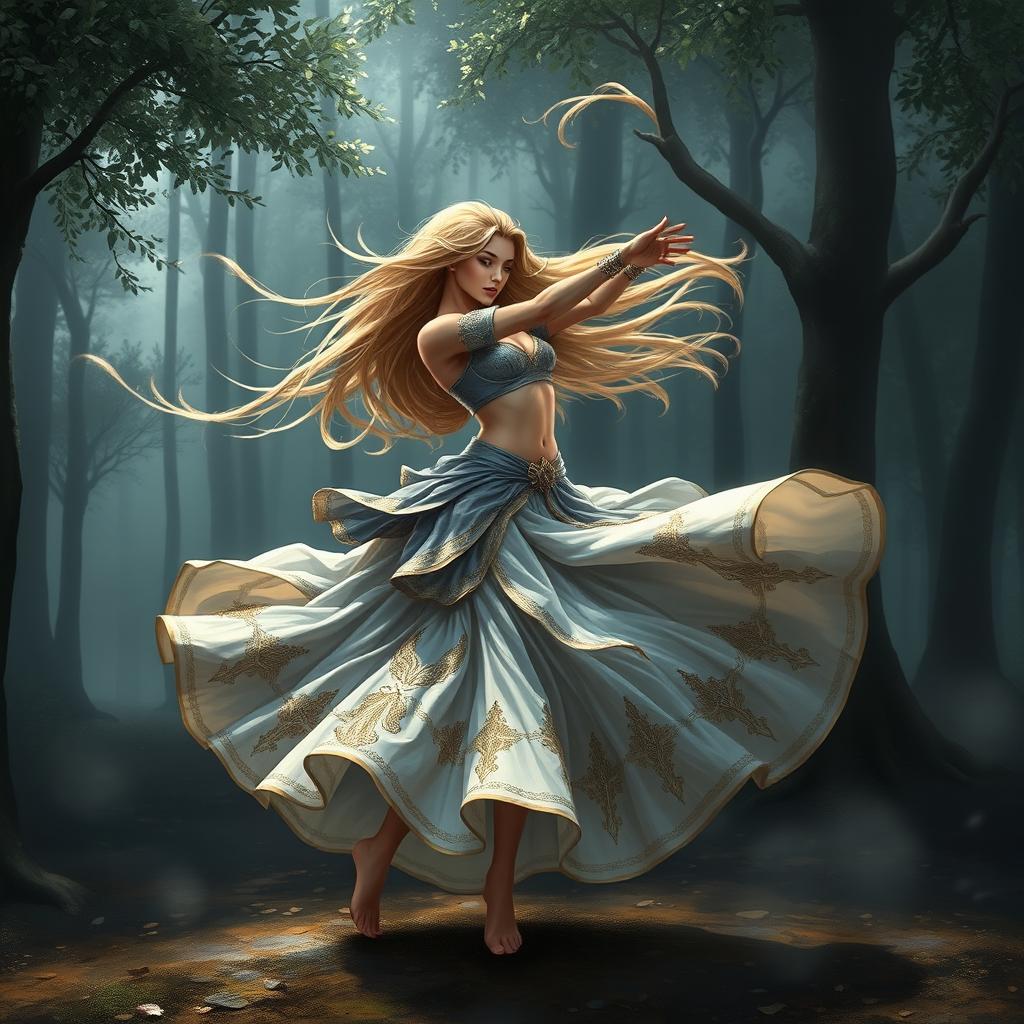 A stunning digital drawing of a medieval fantasy female air genasi exhibiting a classical dance pose, twirling gracefully like a tornado