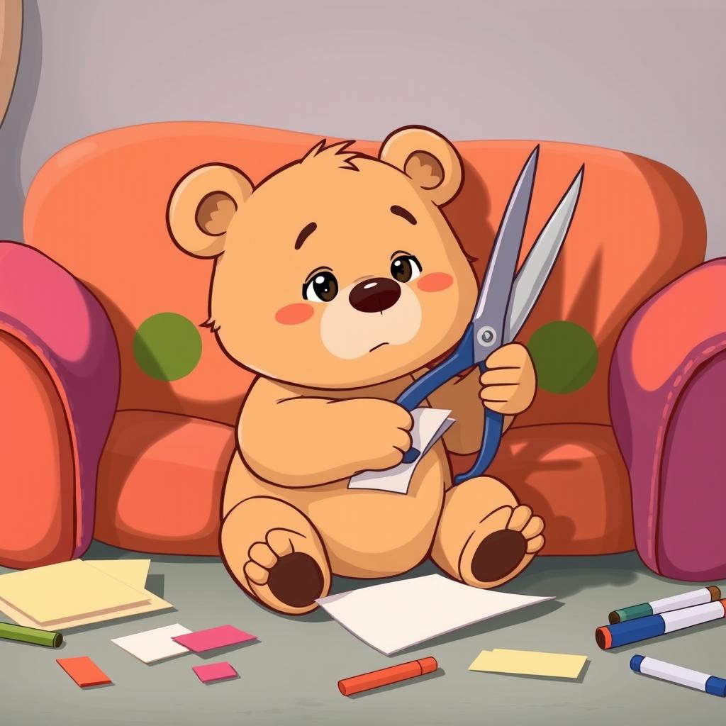 In a playful cartoon style, a light brown small bear is sitting on a cozy sofa, using large scissors to cut paper