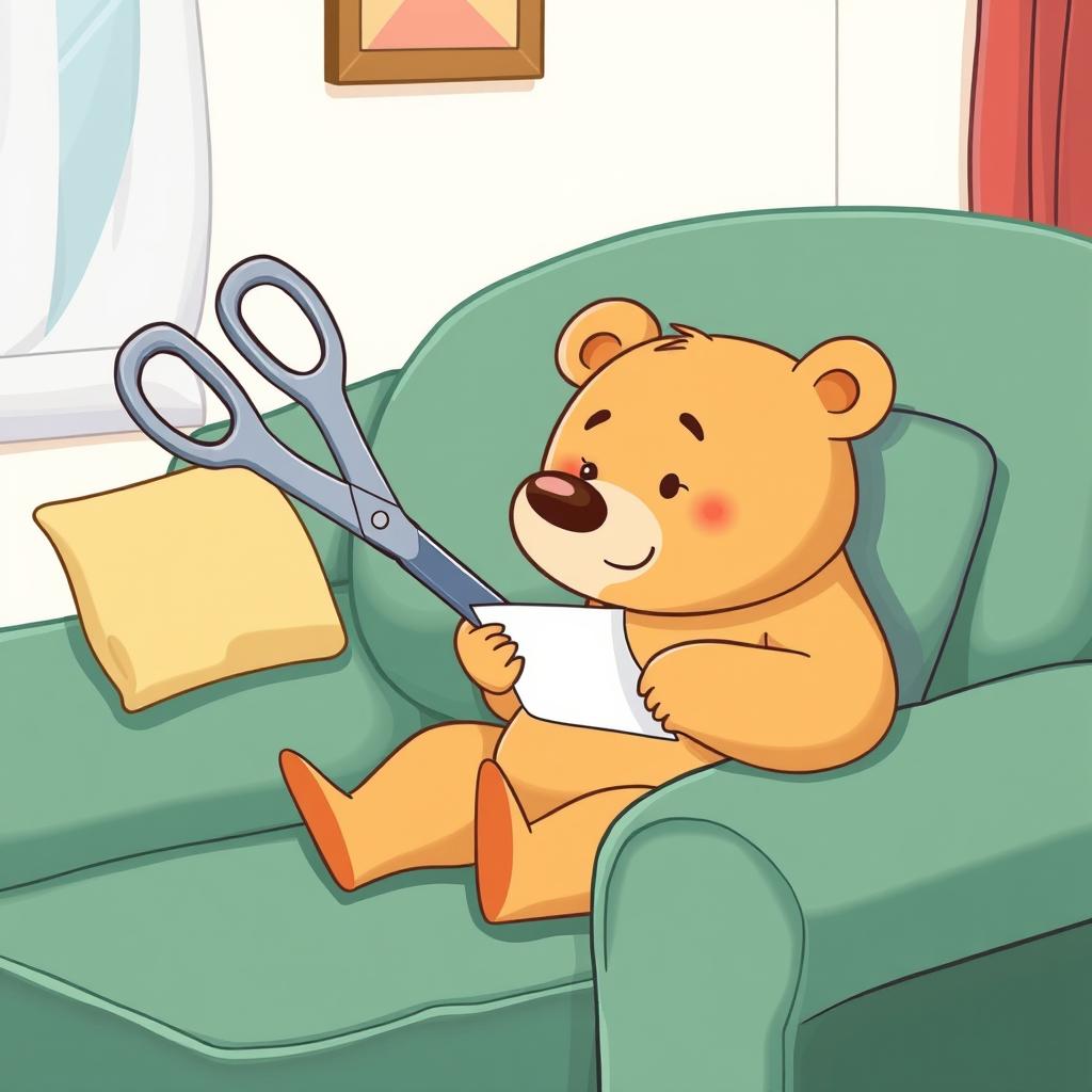 On a cozy couch, a light brown bear is focused on using a large pair of scissors to cut some paper