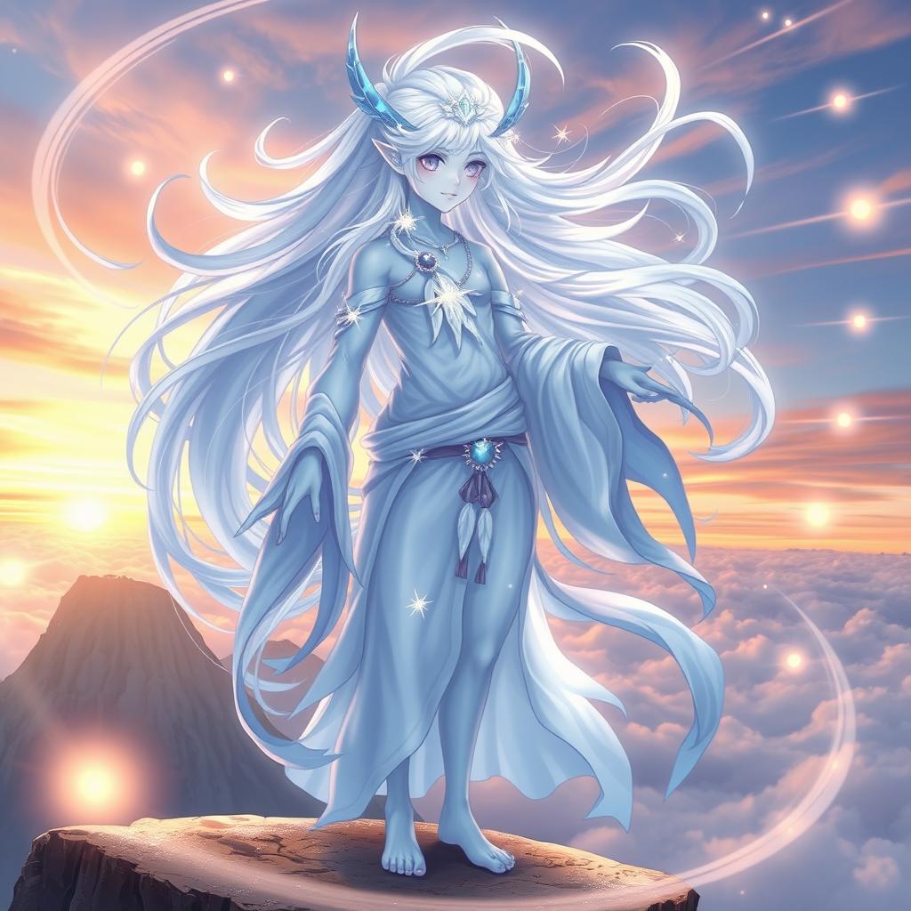 An ethereal air genasi character, with translucent skin that shimmers in shades of blue and white, representing the sky
