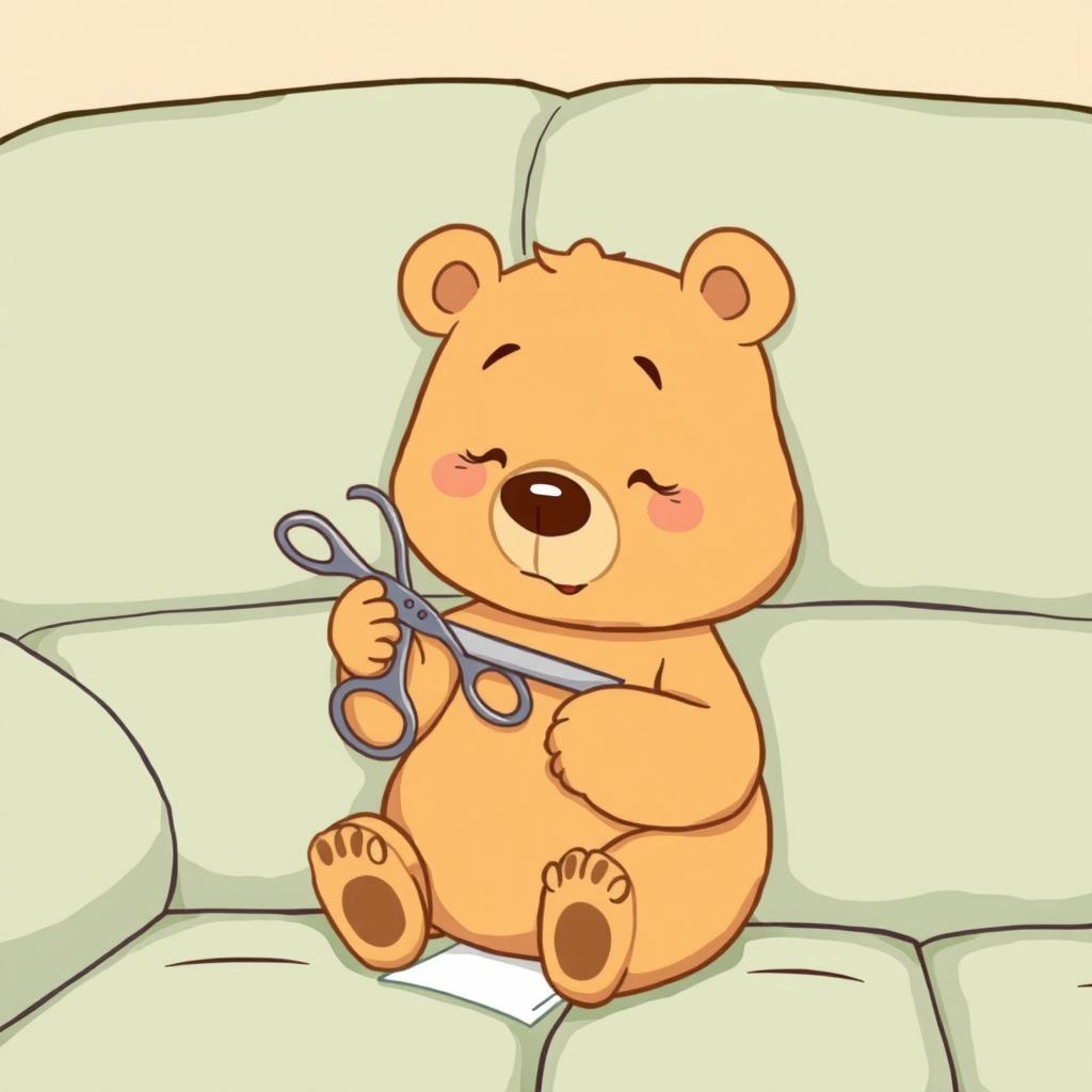 On a comfortable couch, a light brown bear is diligently using a pair of scissors to cut some paper