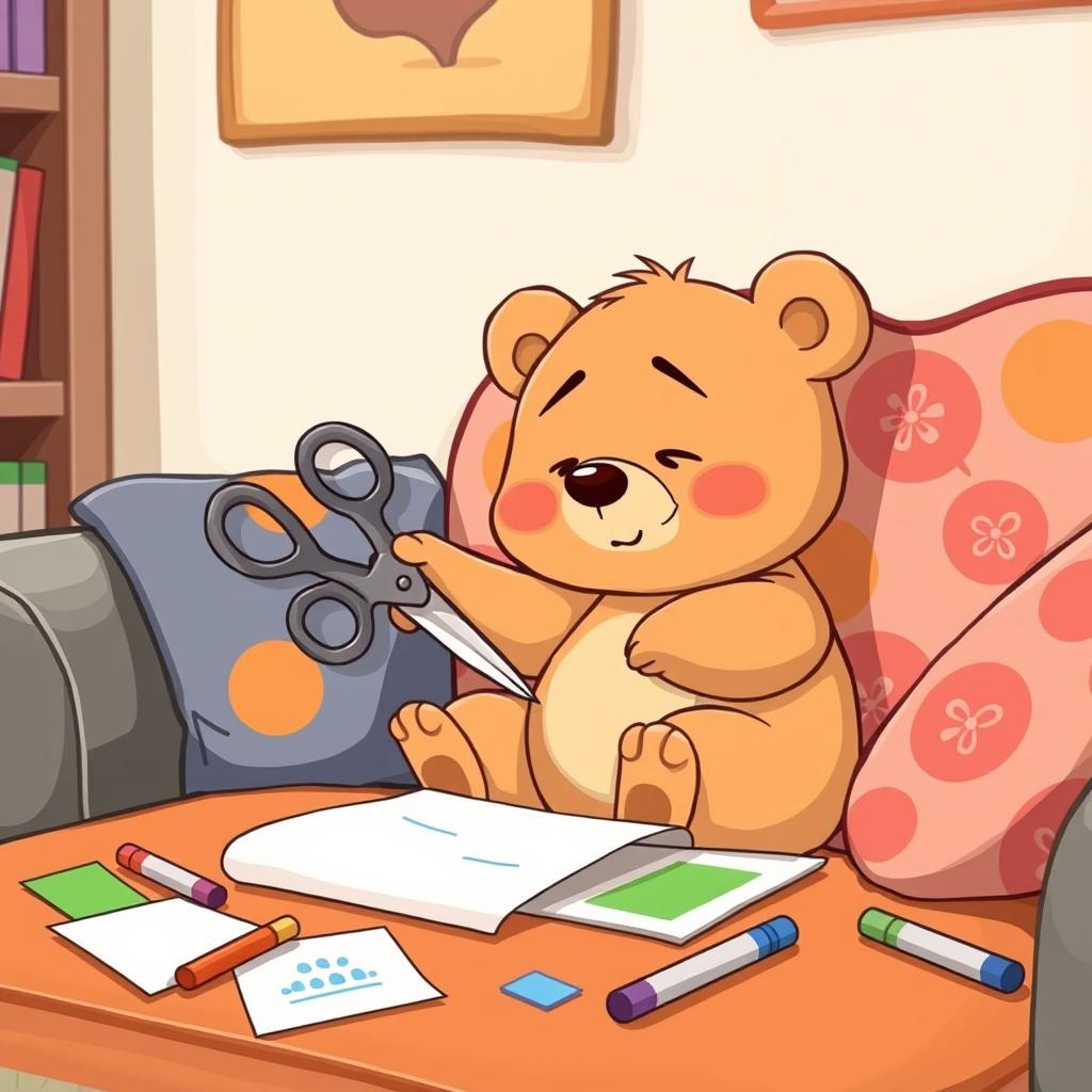 In a playful cartoon style, a light brown small bear is seated on a cozy sofa, using scissors to cut paper