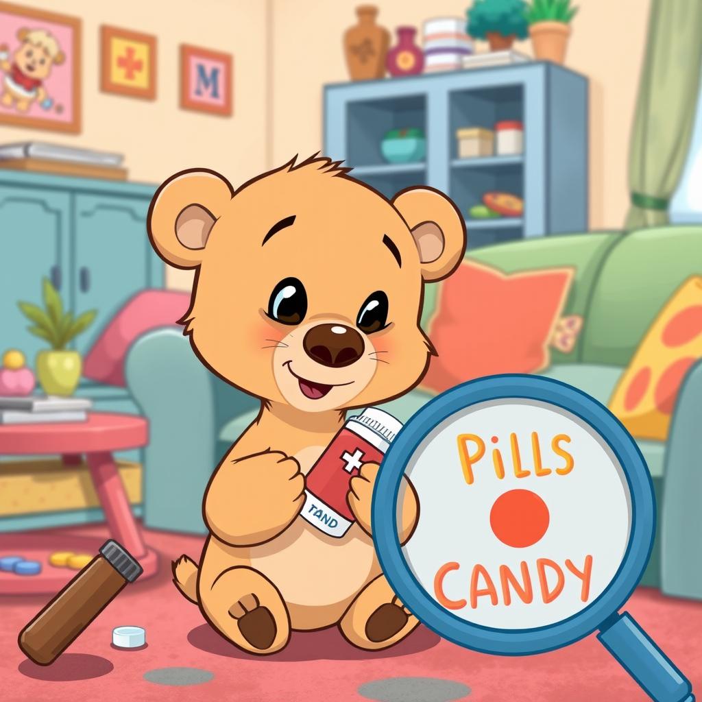 In a whimsical cartoon style, a light brown small bear is curiously holding a medicine bottle in its paws, looking intrigued