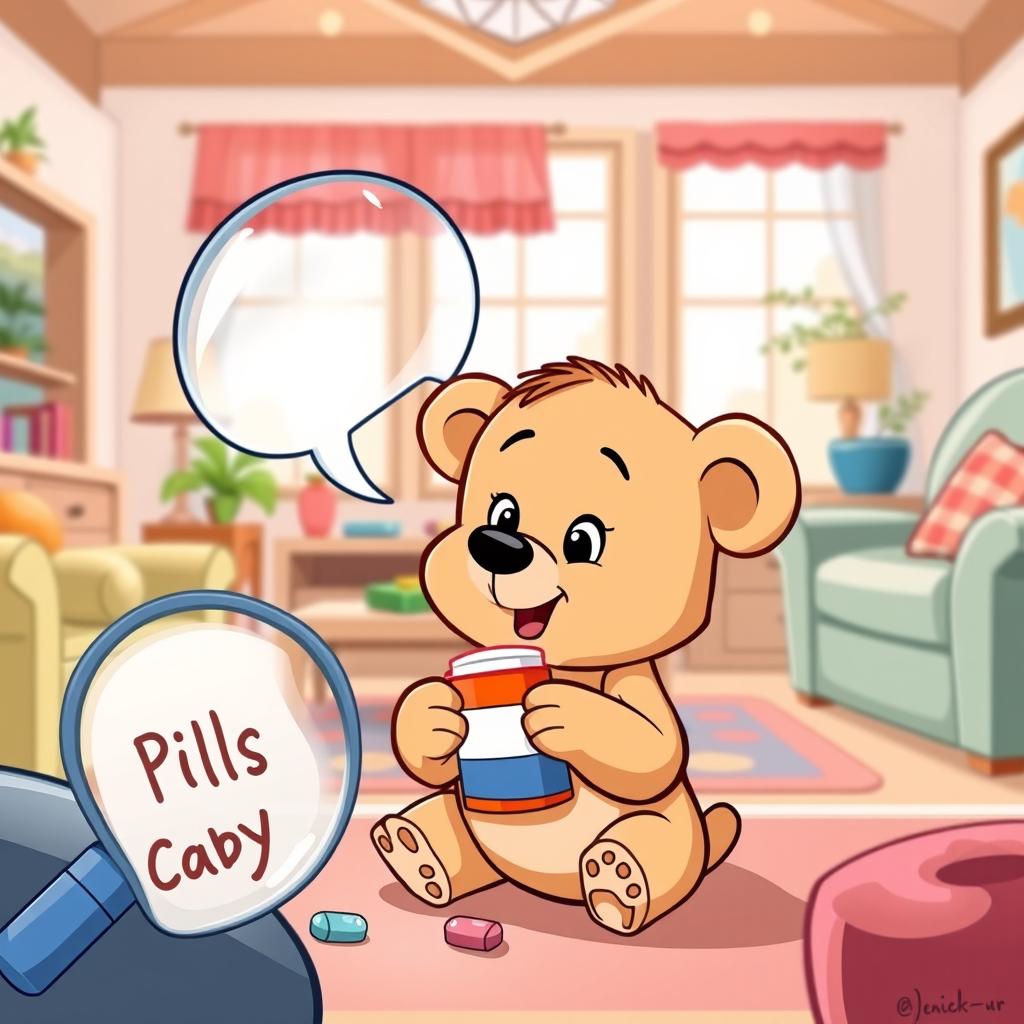 In a whimsical cartoon style, a light brown small bear is curiously holding a medicine bottle in its paws, gazing at it with wonder