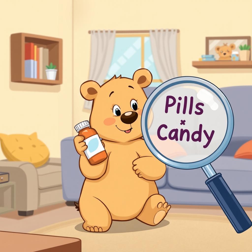 In a cozy living room, a light brown bear curiously holds a bottle of medicine, looking intrigued
