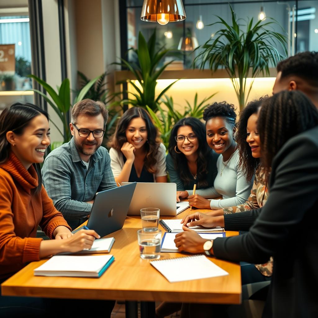 A group of diverse individuals gathered around a café table, actively discussing ideas and planning for the future, symbolizing positive networking
