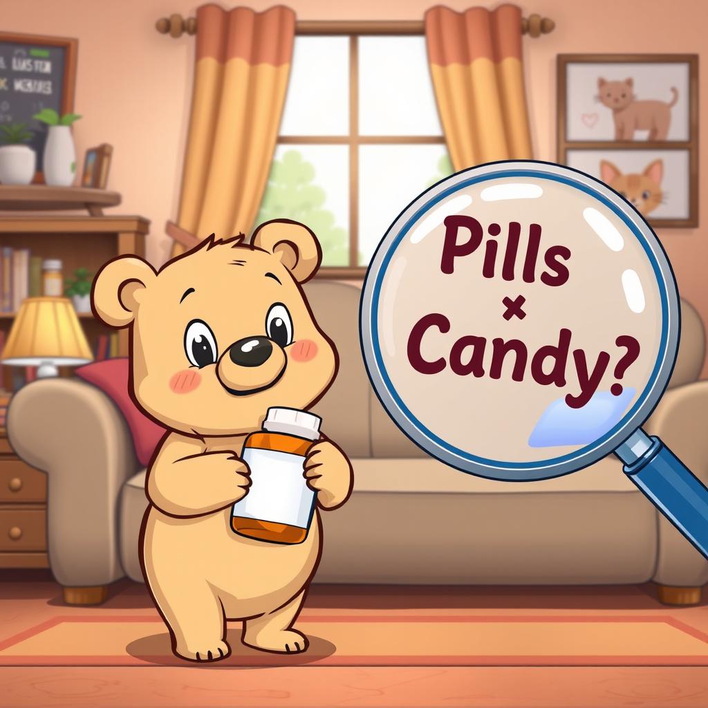 In a cozy living room, a cute light brown bear is curiously holding a bottle of medicine, looking intrigued and a bit puzzled