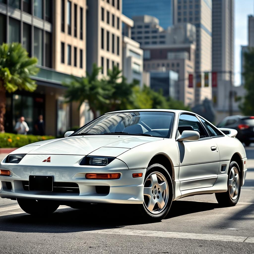 A pristine 1989 white Mitsubishi Eclipse 1G parked in an urban setting, showcasing its sleek aerodynamic design and classic lines