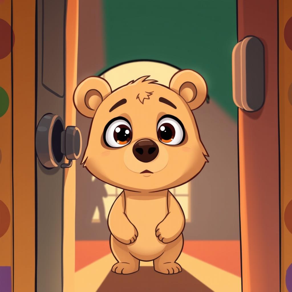 In a charming cartoon style, a light brown small bear is peering through a door peephole, looking outside with wide, curious eyes