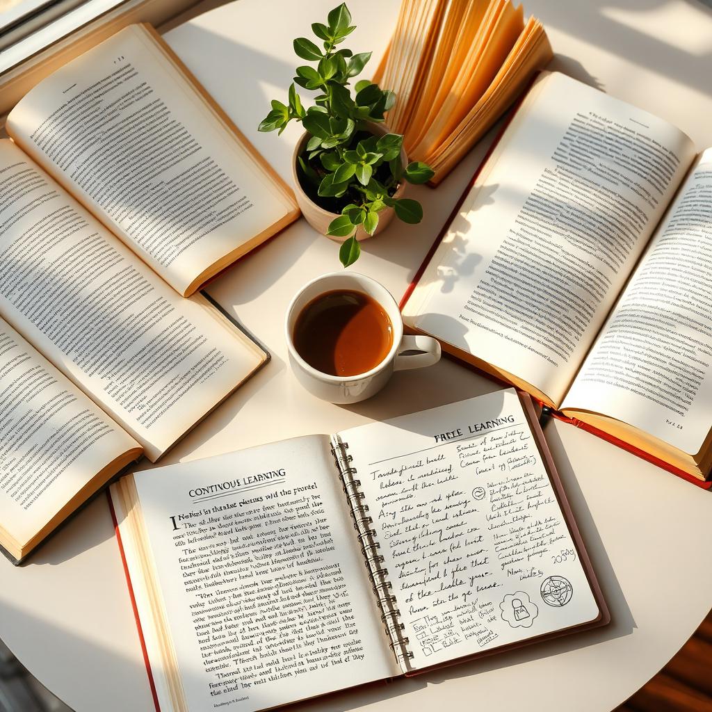 A beautifully arranged table featuring open books, a steaming cup of coffee, and a notebook with handwritten notes, representing continuous learning