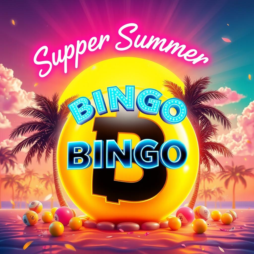 A tropical summer casino scene featuring a massive glowing golden bingo ball with the letter 'B' embossed in bold black, surrounded by neon palm trees and bright retro lights