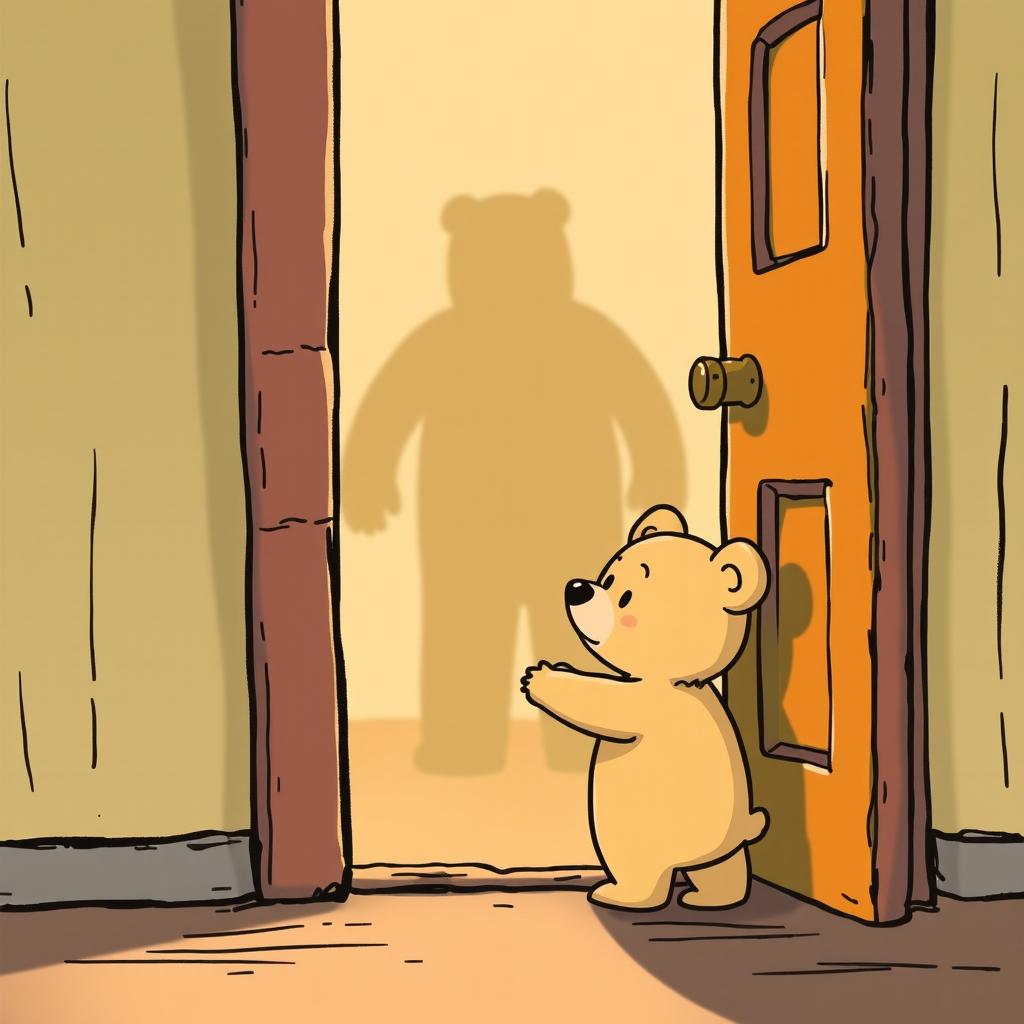 In a whimsical cartoon style, a light brown small bear is standing at the doorway, preparing to open the door with a look of curiosity and anticipation