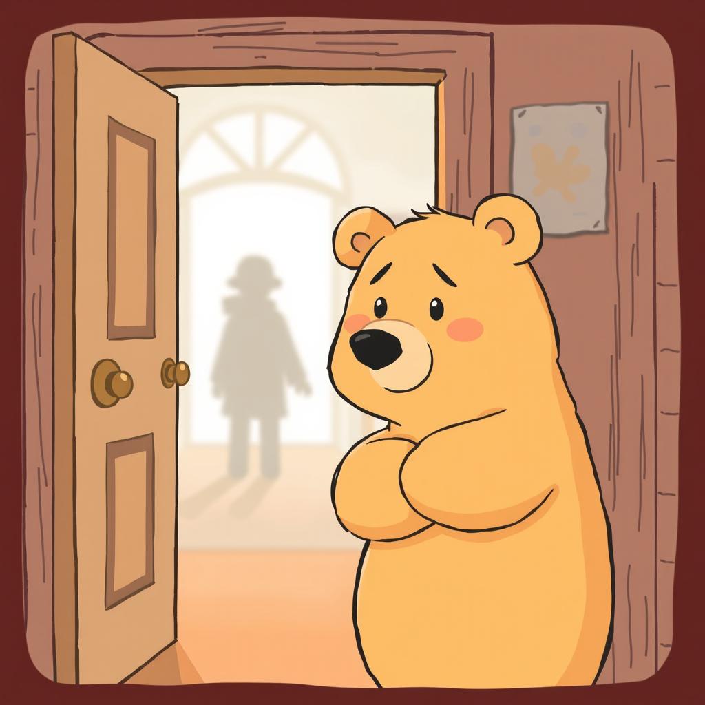 Inside a cozy home, a light brown bear is preparing to open a door, displaying a sense of curiosity and caution