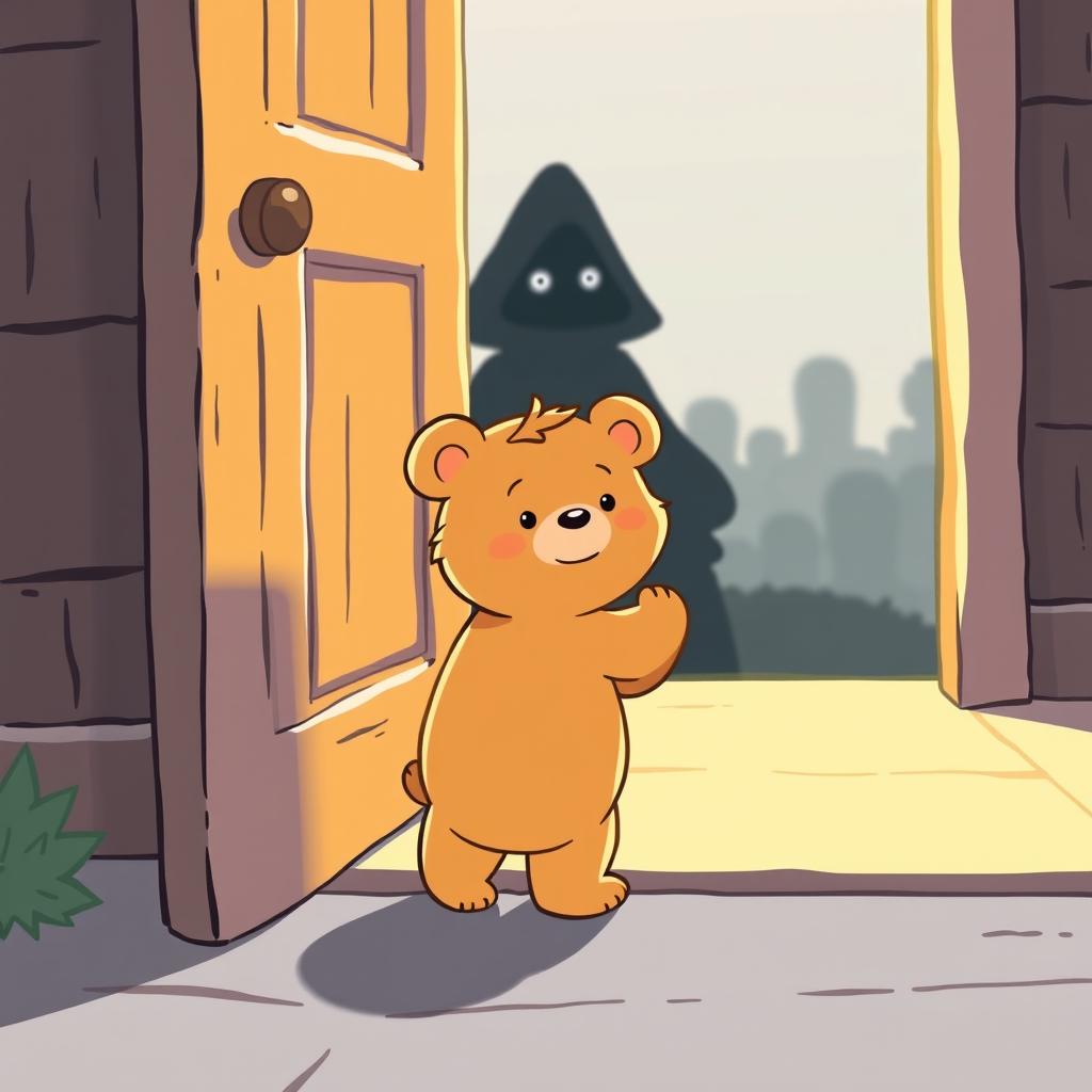 In a delightful cartoon style, a light brown small bear is standing at the door, ready to open it with a hint of excitement and curiosity