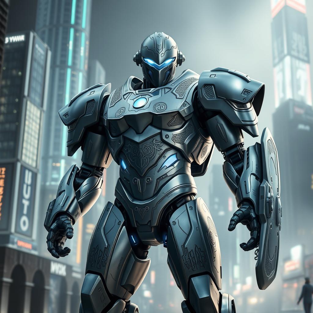 A mystical Steel Defender, a humanoid robotic guardian, is standing tall and vigilant