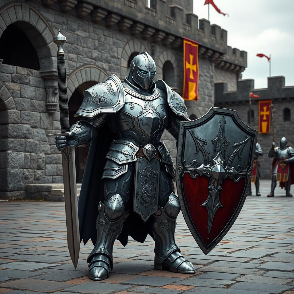 A Steel Defender, designed in a Middle Ages theme, stands guard in a medieval castle courtyard