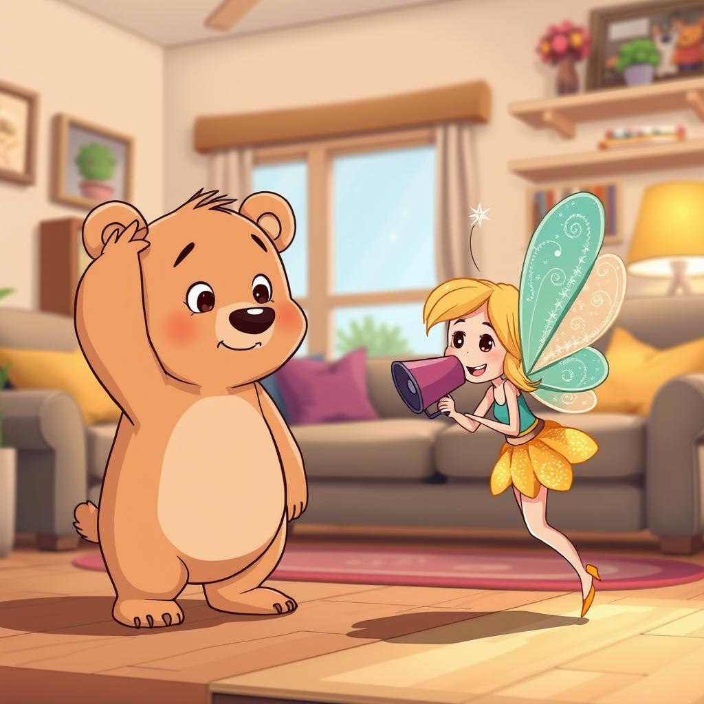 In a whimsical cartoon style, a light brown small bear stands in a cozy living room, looking puzzled as it scratches its head in confusion