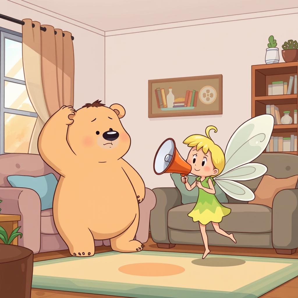 In a cozy living room, a light brown bear is scratching its head in confusion, displaying a puzzled expression