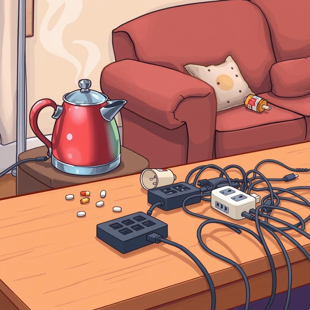 In a detailed and whimsical cartoon style, a cozy living room scene unfolds