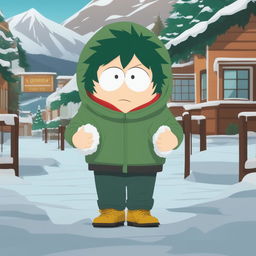 Midoriya Izuku from My Hero Academia is depicted as a South Park character, complete with a green parka and a snowball, in the snow-covered town of South Park