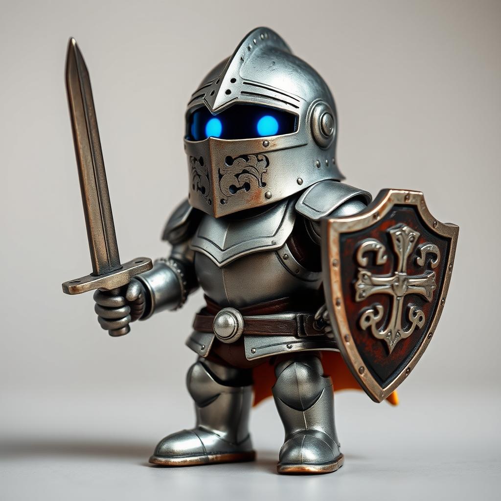 A small Steel Defender designed in a Middle Ages style, showcasing its compact yet detailed armored body that resembles a miniature knight's armor