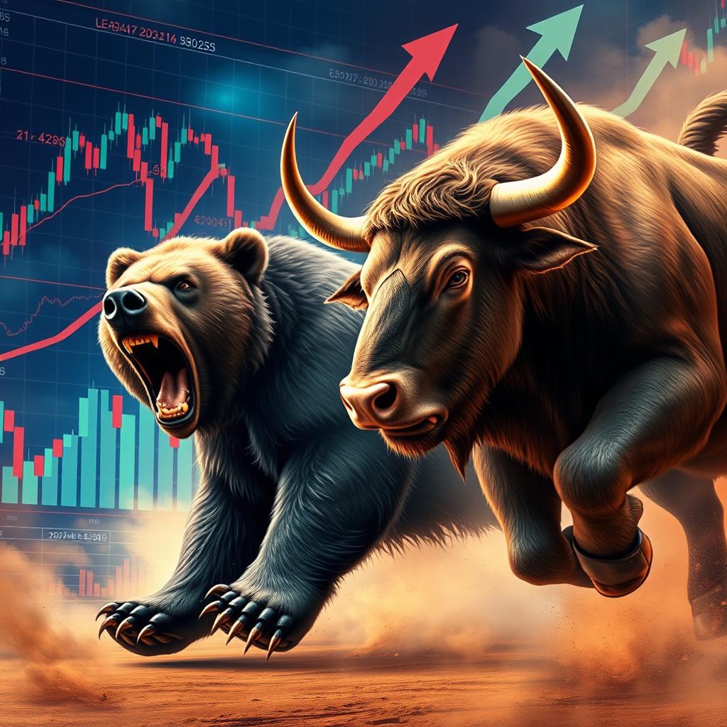 An artistic representation of a bear and a bull market visually graphed in a dynamic and engaging way