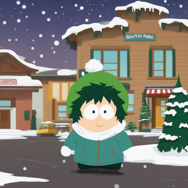 Midoriya Izuku from My Hero Academia is depicted as a South Park character, complete with a green parka and a snowball, in the snow-covered town of South Park