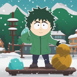 Midoriya Izuku from My Hero Academia is depicted as a South Park character, complete with a green parka and a snowball, in the snow-covered town of South Park