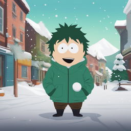 Midoriya Izuku from My Hero Academia is depicted as a South Park character, complete with a green parka and a snowball, in the snow-covered town of South Park