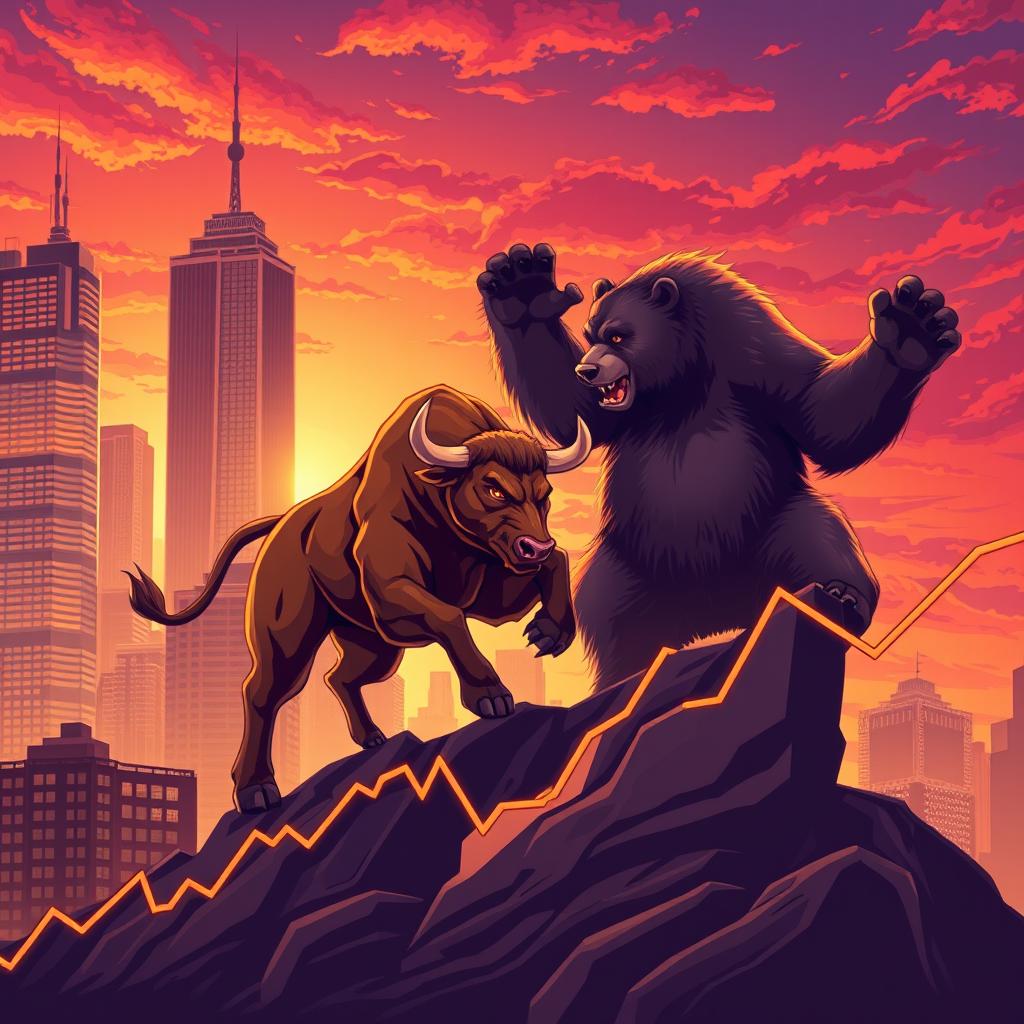 A dynamic illustration depicting a fierce trading scene between a powerful bull and a cunning bear