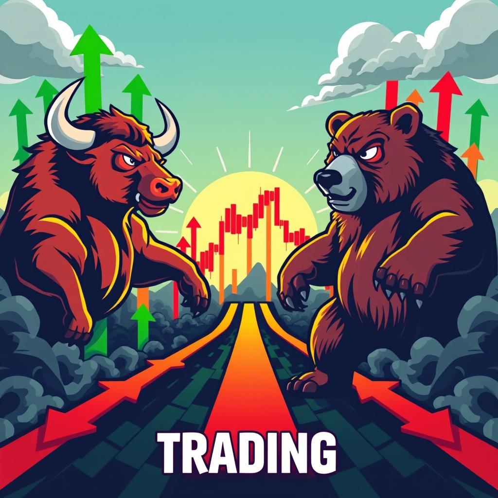 A dynamic and vibrant illustration showcasing the concept of trading with a bullish and bearish theme