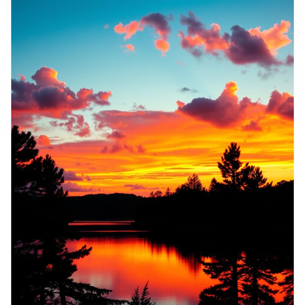 A stunning, professional-grade photo edit of a vibrant sunset over a calm lake, with clouds reflecting shades of orange, pink, and purple in the sky