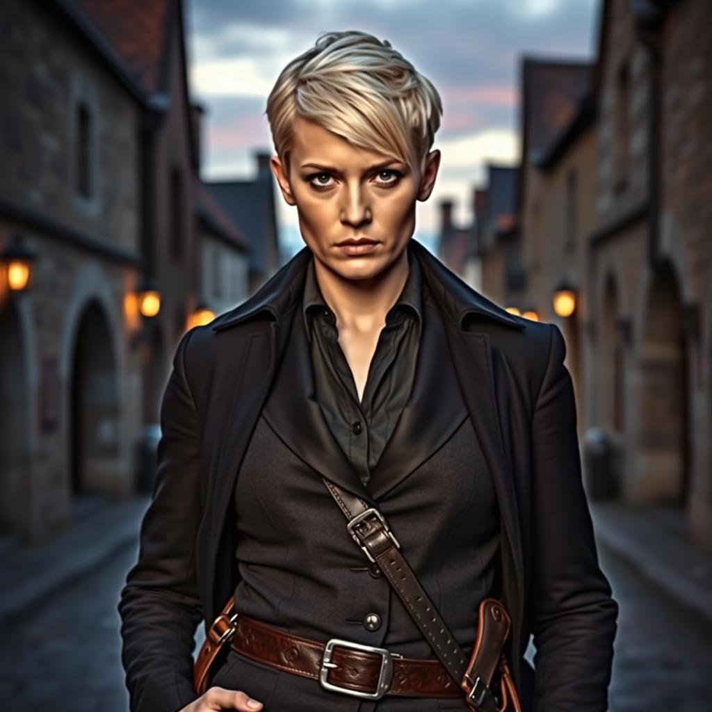 A woman in her early thirties with a striking short blond haircut has a stern and serious expression as she stands confidently in a medieval-looking town during the evening