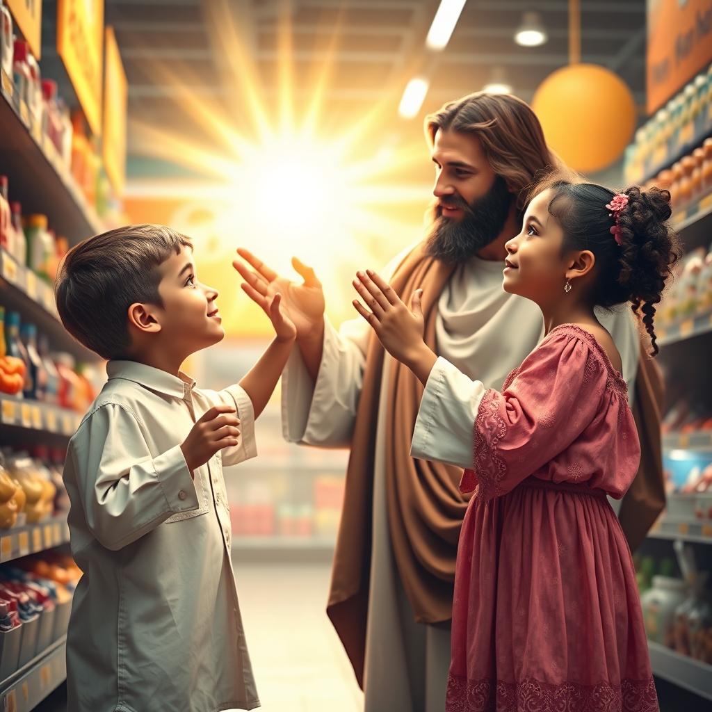 A heartfelt scene depicting a boy and a girl standing in a grocery store, reaching out their hands towards Jesus, who is portrayed with a warm and compassionate expression