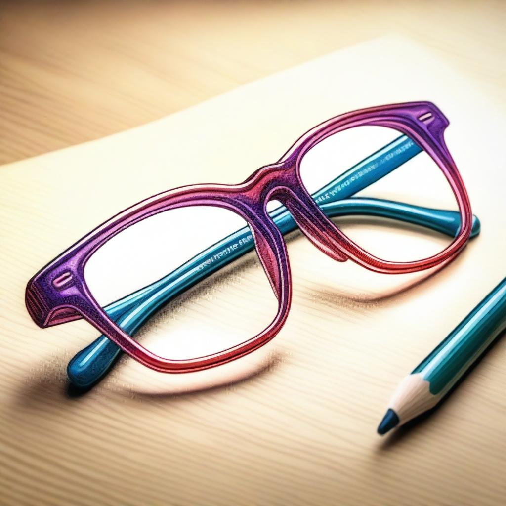 A high-quality coloured pencil drawing showcasing a pair of designer glasses